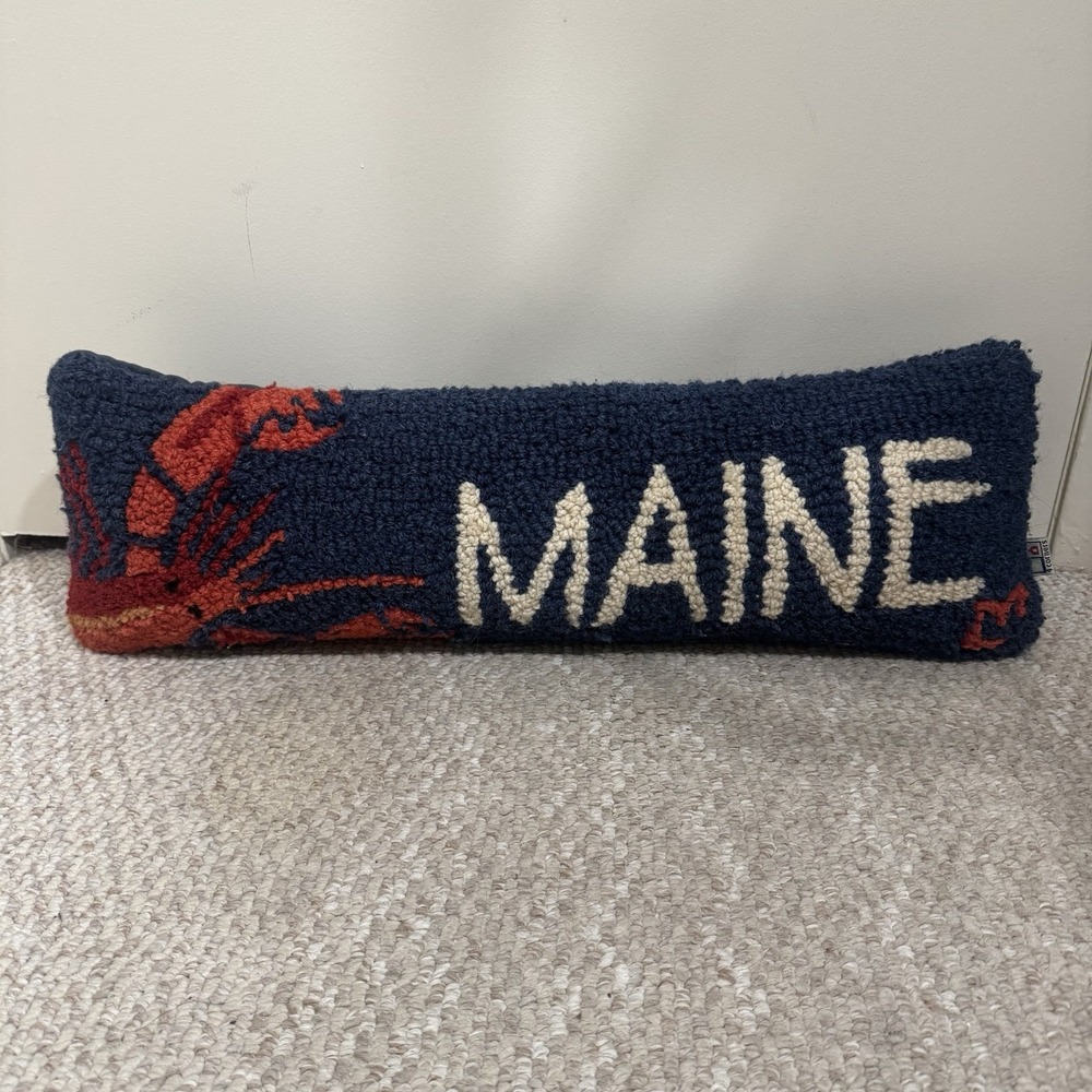 Chandler 4 Corners Hooked Wool Lumbar Blue Pillow Maine Lobster Laura Megroz